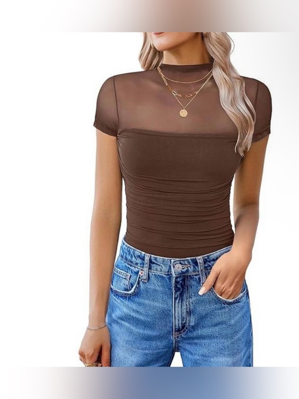 Avidlove Brown Mesh Mock Neck Ruched Bodysuit Sheer Stretch Top NWT Small